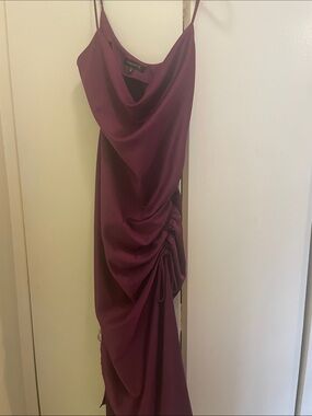 Dynamite Wine Satin Cowl Neck Ruched Slip Dress